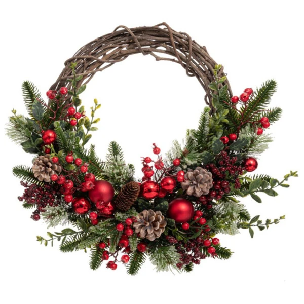GREEN WREATH WITH RED BERRIES RED BAUBLES AND ICED PINE CONES 50 CM