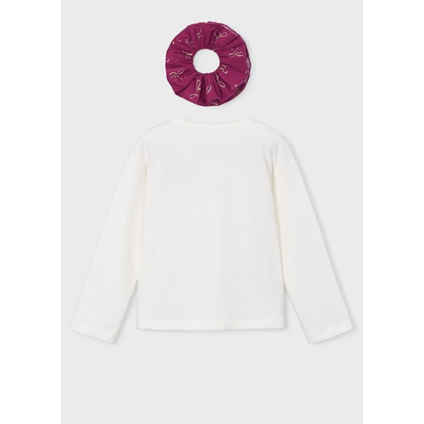 MAYORAL T-SHIRT LONG SLEEVES HAIR SCRUNCHIE ECRU-RASPBERRY