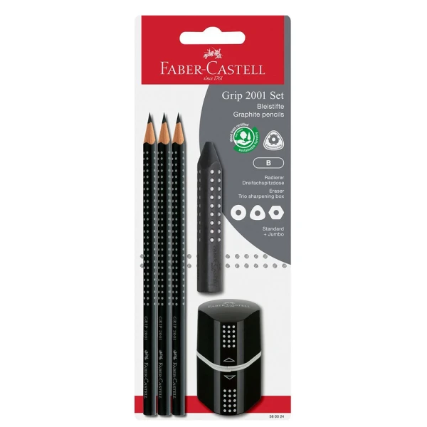 FABER-CASTELL SET 3 PENCILS GRIP WITH SHARPENER AND ERASER BLACK