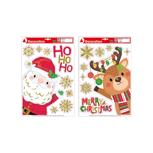 WINDOW DECORATIVE STICKERS WITH GLITTER SANTA CLAUS AND REINDEER - 2 DESIGNS