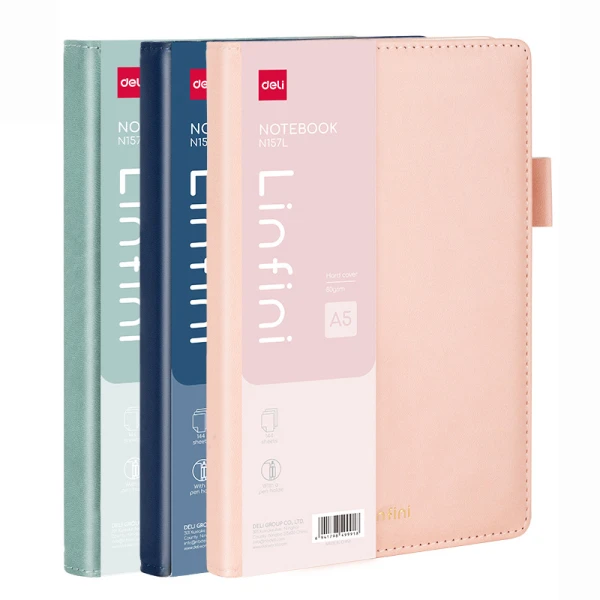 DELI LINFINI LEATHER-LOOL RULES NOTEBOOK WITH PEN HOLDER A5 80gsm - 3 COLOURS