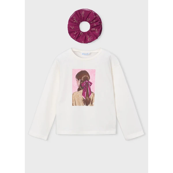 MAYORAL T-SHIRT LONG SLEEVES HAIR SCRUNCHIE ECRU-RASPBERRY