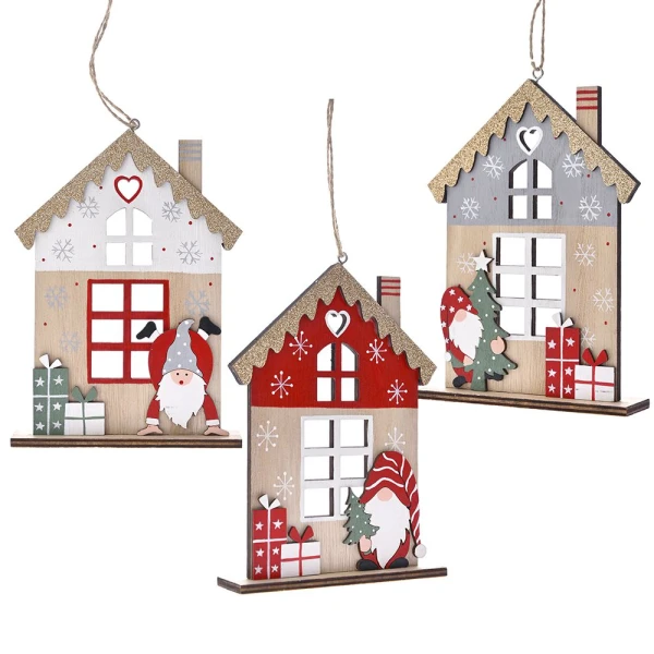 XMAS HANGING ORNAMENT RED WOODEN HOUSE 12X3X17 cm SET 3 pcs