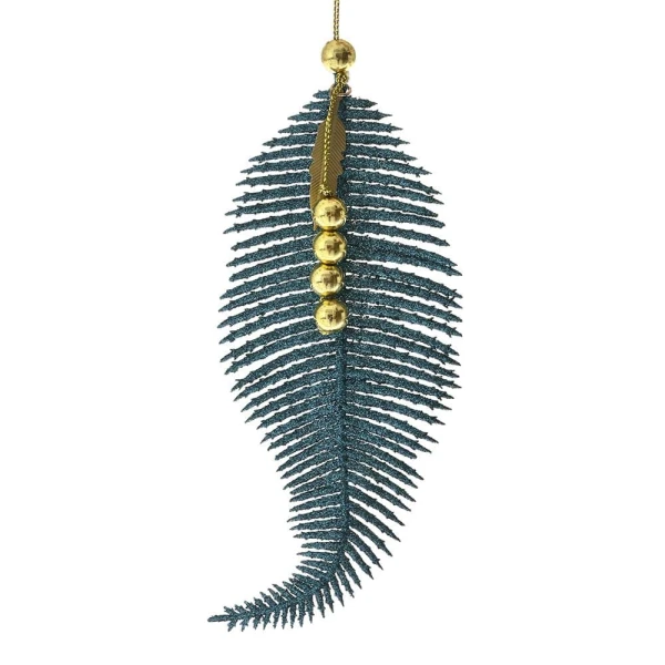 XMAS TEAL PLASTIC HANGING LEAF ORNAMENT 7Χ19 cm