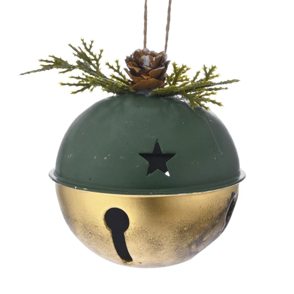 XMAS ORNAMENT GOLD-GREEN METAL BELL 8 cm