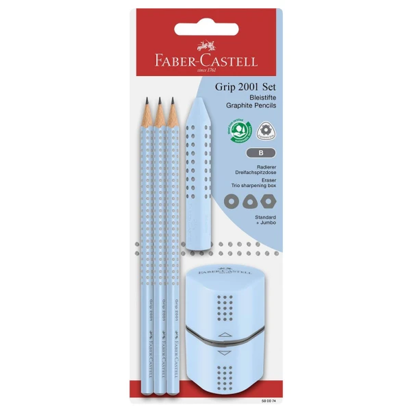 FABER-CASTELL SET 3 PENCILS GRIP WITH SHARPENER AND ERASER LIGHT BLUE