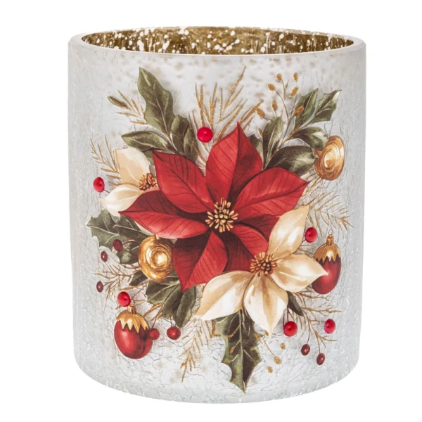 GLASS CANDLEHOLDER WITH RED POINSETTIA D11,5X13 CM