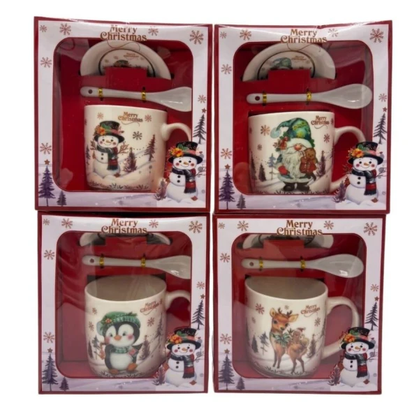 WHITE CERAMIC MUG WITH SPOON AND SAUSER IN GIFT BOX - 4 DESIGNS