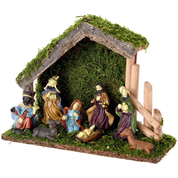 CHRISTMAS WOODEN MANGER 25X9X18 cm WITH POLYREZIN FIGURES 