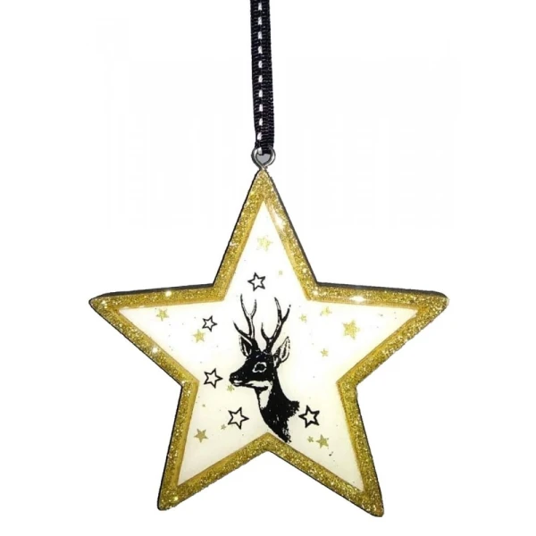 WOODEN HANGING ORNAMENTS STAR & TREE WITH GOLD OUTLINE - 4 DESIGNS