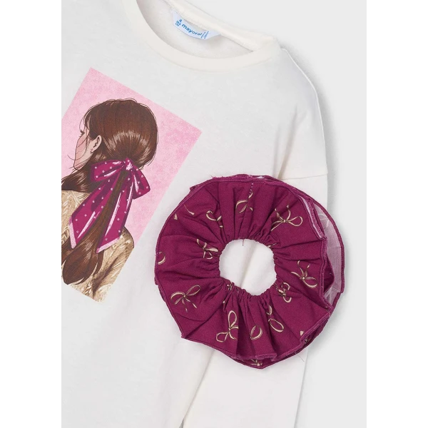 MAYORAL T-SHIRT LONG SLEEVES HAIR SCRUNCHIE ECRU-RASPBERRY