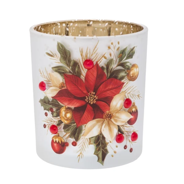 GLASS CANDLE HOLDER WITH RED POINSETTIA D7X8 CM