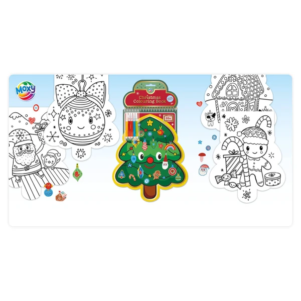 XMAS BOOK WITH COLOURING PAGES IN XMAS TREE SHAPE 30 cm & STICKERS