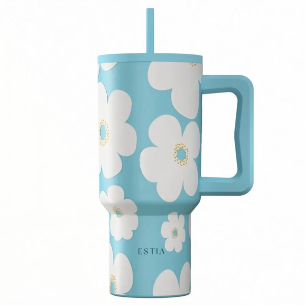 ESTIA HOME ART ΘΕΡΜΟΣ STRAW TUMBLER XL 900ml - BLUE DAISY