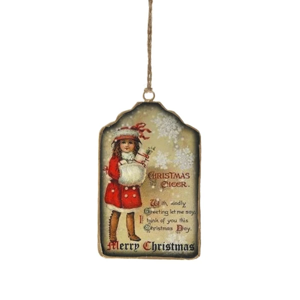 VINTAGE TAG METAL CHRISTMAS ORNAMENT GIRL 8x13 CM